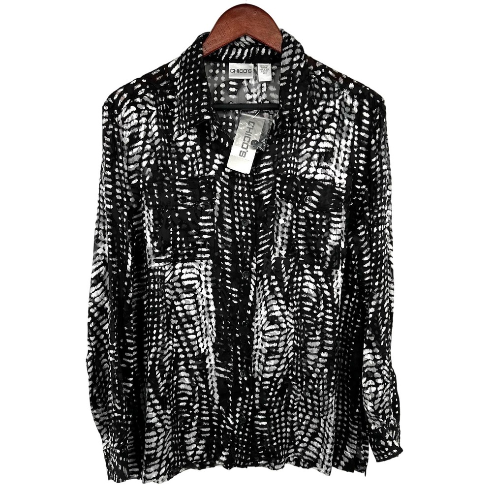 NEW Chicos SILK BLEND 1 Medium Sheer Black Long Sleeve Formal Blouse Shirt Top